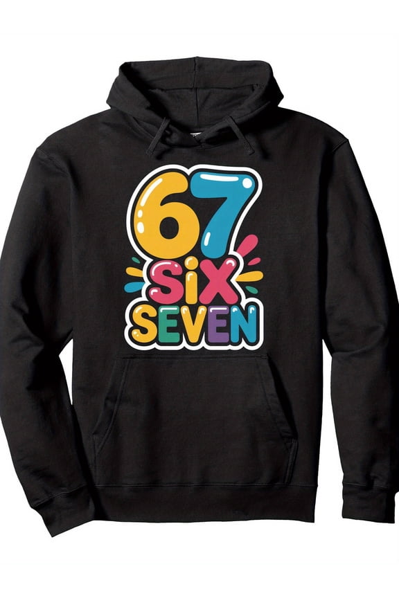 's Six Seven 6 & 7 Meme Hoodie - 3D Print Number 67 & 7 Design with Balloons & Confetti - 60% Pullover Sweatshirt for Casual Wear, Outdoor Activities,, (Black, 67/7 Joke)
