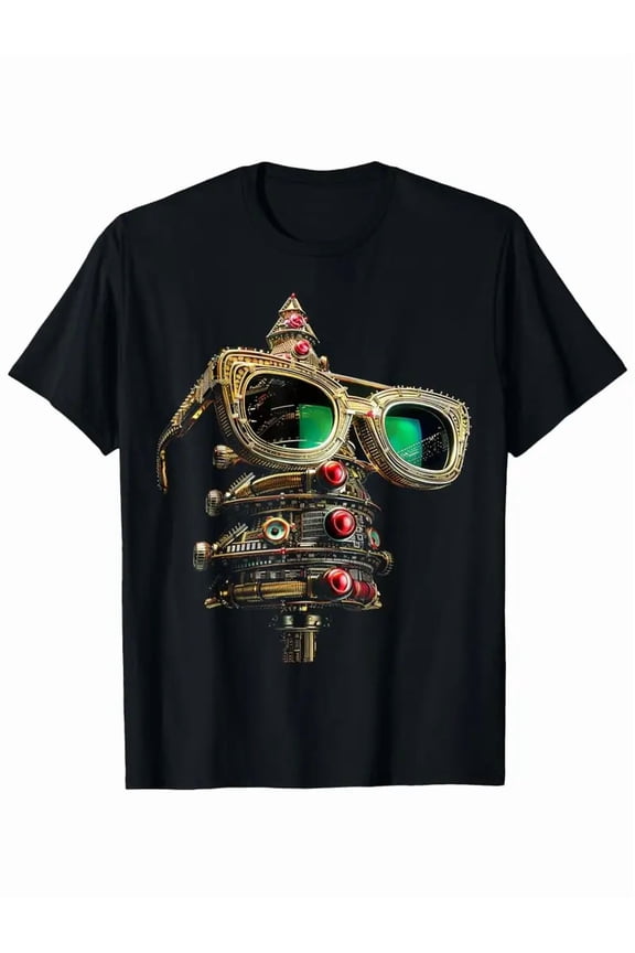 's Steampunk Mechanical Head Graphic T-Shirt - Black Cotton Tee with Brass Gears, Green Goggles & Red Gemstones - Victorian-Inspired Short Sleeve Crew Neck for Cosplay, Gothic