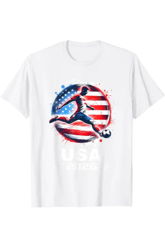 's USA 2026 Soccer Team T-Shirt - Officially Inspired Flag & Soccer Player Print, Fan Apparel, Casual Short Sleeve Round Neck Shirt with USA Logo for 2026 National Team Supporters