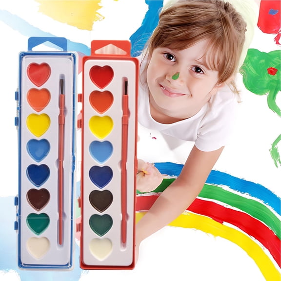 s Watercolor Set – Heart-Shaped Art Kit | 8-Color Solid Pigment, Brush, Waterproof Mixing Lid | Travel Box | Multicolor | 1 Set