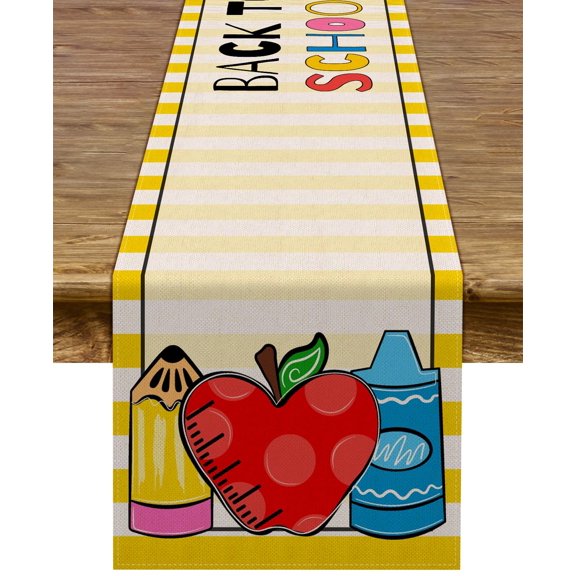 s back to table runner, first day of party decor, classroom dining room linen runner, rustic reble home decoration, 13x72 inches, yellow