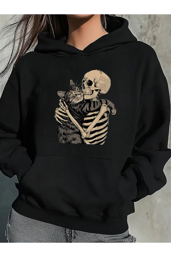 's & 's Black Hoodie with Cute Gothic Skeleton & Cat Hug Print - Cozy Long Sleeve Pullover Sweatshirt for Halloween Costumes & Casual Wear, All-Season Comfort, Unisex Hooded Sweater