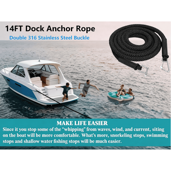 Dandelion Brand Black Elastic Anchor Rope, Bungee Dock Line, Elastic Buffer Dock Rope, 14 ft to 25 ft Stretch for Boats and Kayak