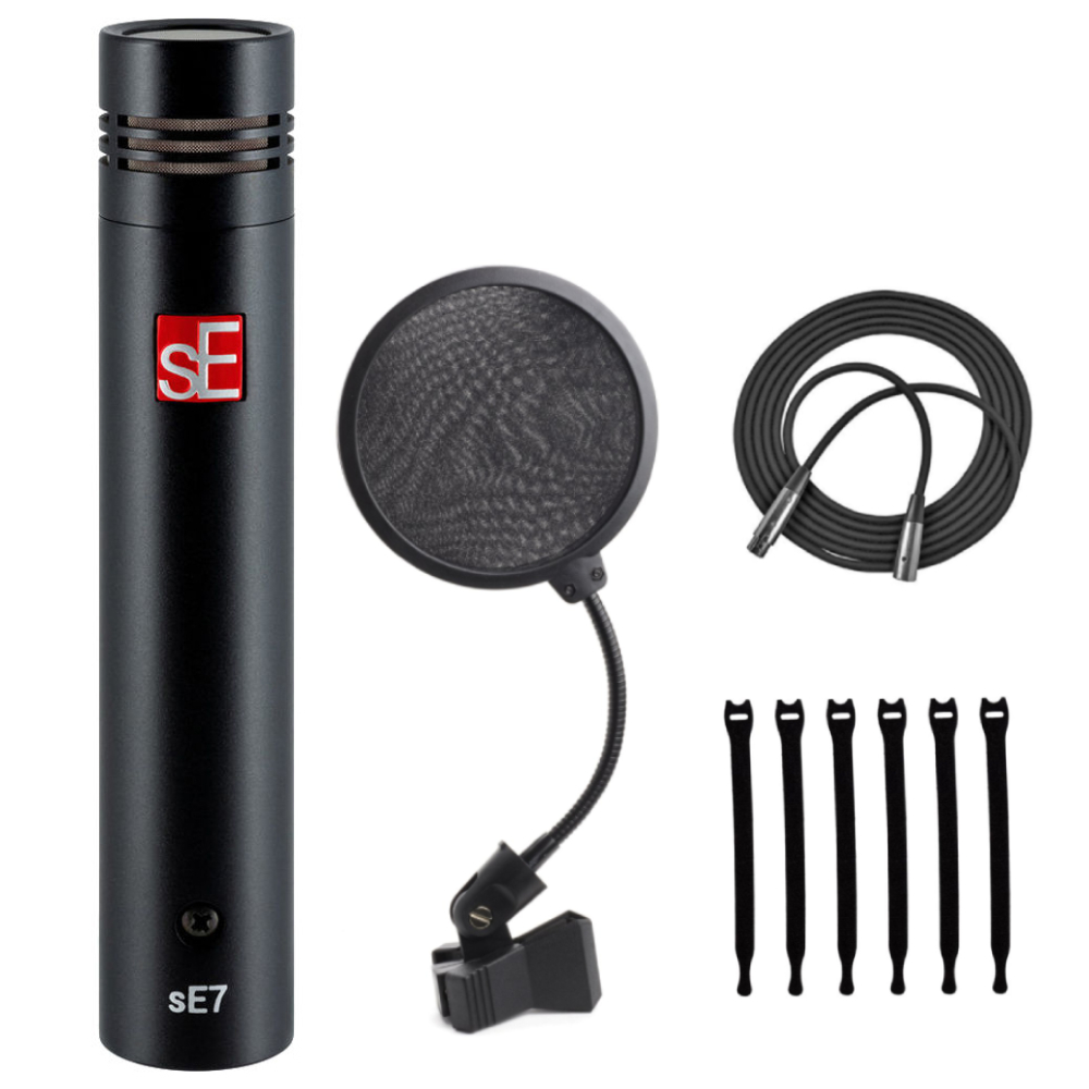 sE Electronics SE7 Small Diaphragm Cardioid Condenser Microphone with Clip + 4-Inch Pop Filter + XLR Mic Cable + Cable Ties (6)