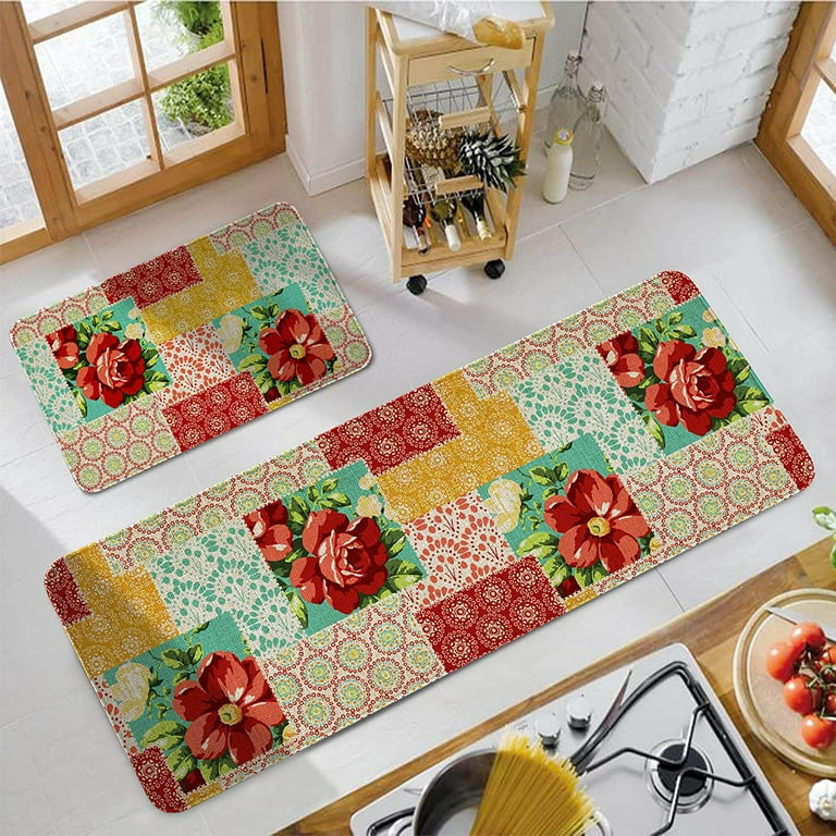 safarsa Kitchen Mats for Floor Set of 2 Pieces Kitchen Rugs and Mats Non  Skid Washable Kitchen Floor Mat(17 Wx30 L+17 Wx 47 L Boho Flowers)