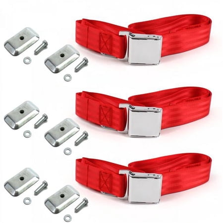 safeTboy 678874 Red Lap Bench Seat Belt Kit with Bracketry for 1959-1960 Chevy Impala Airplane 2 Point - 3 Belts