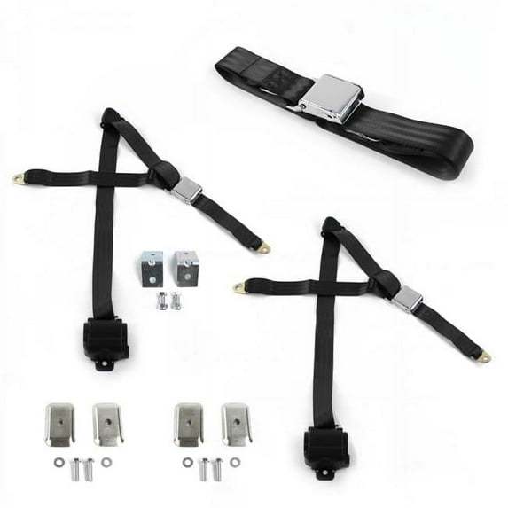 safeTboy Black Retractable Bench Seat Belt Kit with Bracketry for 1970-1979 AMC Gremlin Airplane 3 Point - 3 Belts