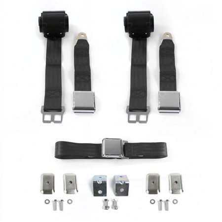 safeTboy Black Retractable Bench Seat Belt Kit with Bracketry for VW Karmann Ghia Airplane 2 Point - 3 Belts