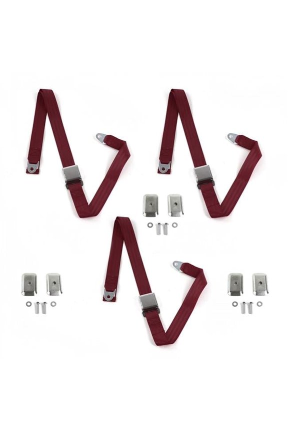 Burgandy Lap Bench Seat Belt Kit with Bracketry for 1953-1957 VW Type 1 Oval Airplane 2 Point - 3 Belts