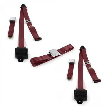 safeTboy Burgandy Retractable Bench Seat Belt Kit for 1975-1982 Triumph TR7, 8 Airplane 3 Point - 3 Belts