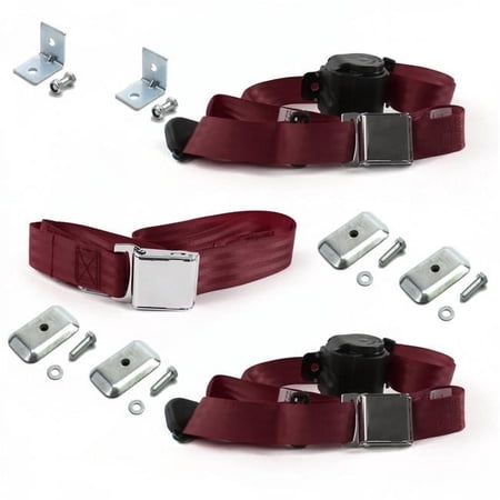 safeTboy Burgandy Retractable Bench Seat Belt Kit with Bracketry for 1900-1927 Early Cars Airplane 3 Point - 3 Belts
