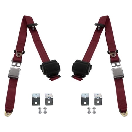 safeTboy Burgandy Retractable Bucket Seat Belt Kit with Bracketry for 1964-1966 Ford Mustang Airplane 3 Point - 2 Belts