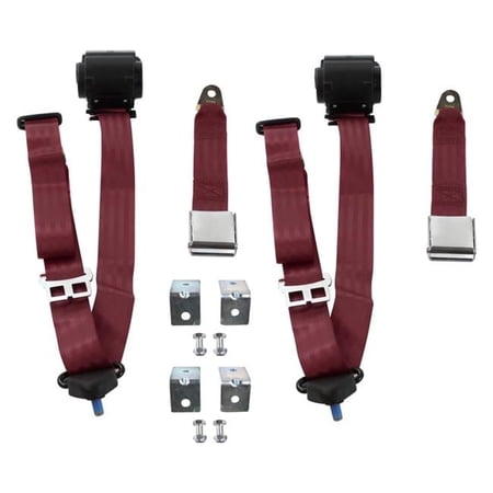safeTboy Burgandy Retractable Bucket Seat Belt Kit with Bracketry for 1965-1970 Chevy Impala Airplane 3 Point - 2 Belts
