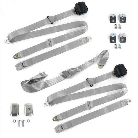 safeTboy Gray & Grey Retractable Bench Seat Belt Kit with Bracketry for 1949-1958 Buick Special Standard 3 Point - 3 Belts