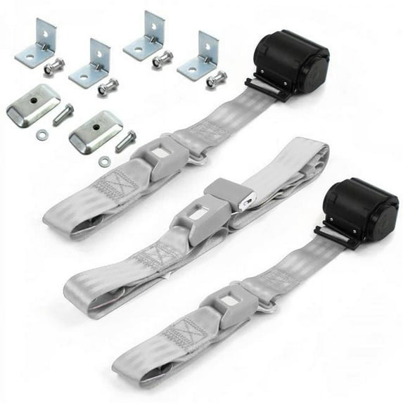 safeTboy Gray & Grey Retractable Bench Seat Belt Kit with Bracketry for 1953-1961 Triumph TR2, 3 Standard 2 Point - 3 Belts