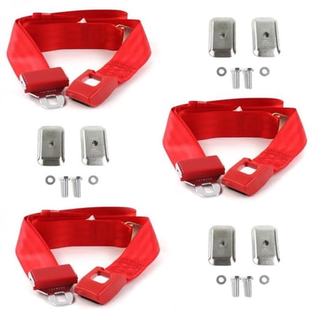safeTboy Red Lap Bench Seat Belt Kit with Bracketry for 1966-1970 Ford Falcon Standard 2 Point - 3 Belts