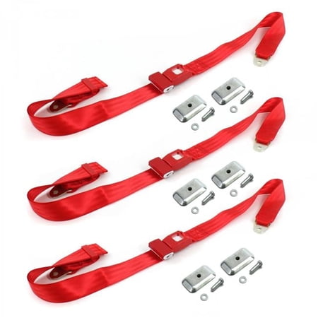 safeTboy Red Lap Bench Seat Belt Kit with Bracketry for 1982-1994 Chevy Cavalier Standard 2 Point - 3 Belts