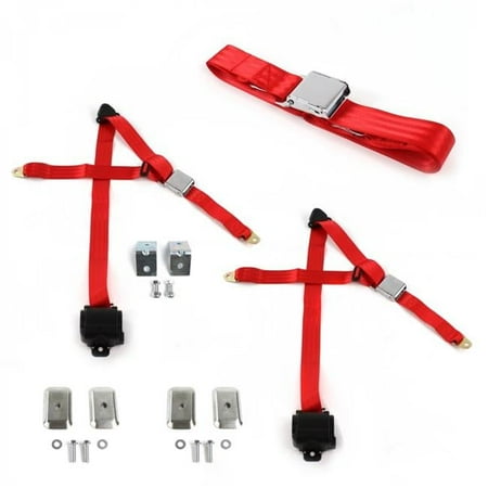 safeTboy Red Retractable Bench Seat Belt Kit with Bracketry for 1965-1970 Chevy Impala Airplane 3 Point - 3 Belts