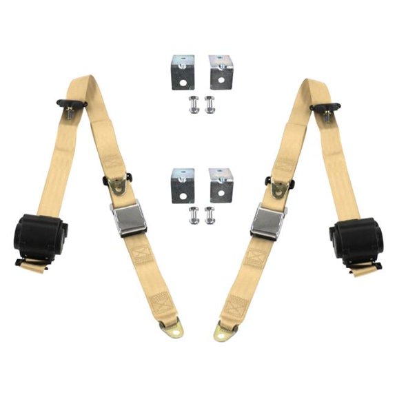 safeTboy Tan Retractable Bucket Seat Belt Kit with Bracketry for 1966-1977 Ford Bronco Airplane 3 Point - 2 Belts