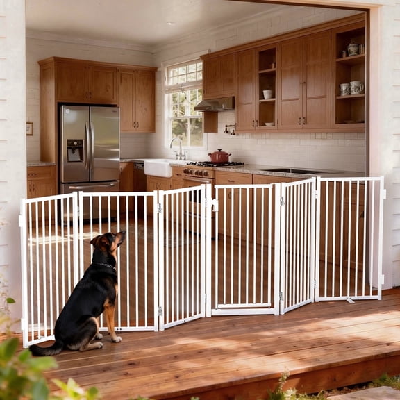 Pet Gate, Domipet 120''Extra Wide Foldable Dog Fence Indoor, 32''Height Dog Gate for Fireplace, Garden, White
