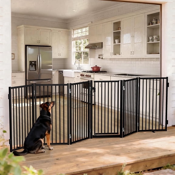 Dog Gate, Domipet 6 Panels Pet Gate Freestanding, 120''Extra Wide Dog Gate 32''Height Pet Playpen for Doorways, Black