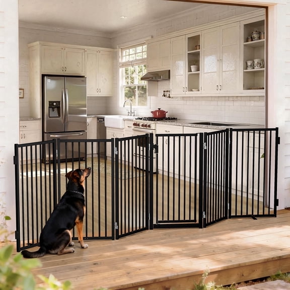 Dog Gate, Domipet 6 Panels Pet Gate Freestanding, 120''Extra Wide Dog Gate 32''Height Pet Playpen for Doorways, Black