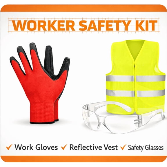 Worker Safety KIT, 3 in 1, Safety vest + Glasses + Gloves.