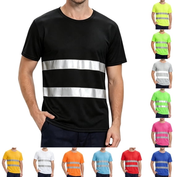 safety shirts for men Quick Dry Hi Vis Reflective Short Sleeve high vis shirts Construction Work Shirts with Reflective Strips Black 3XL