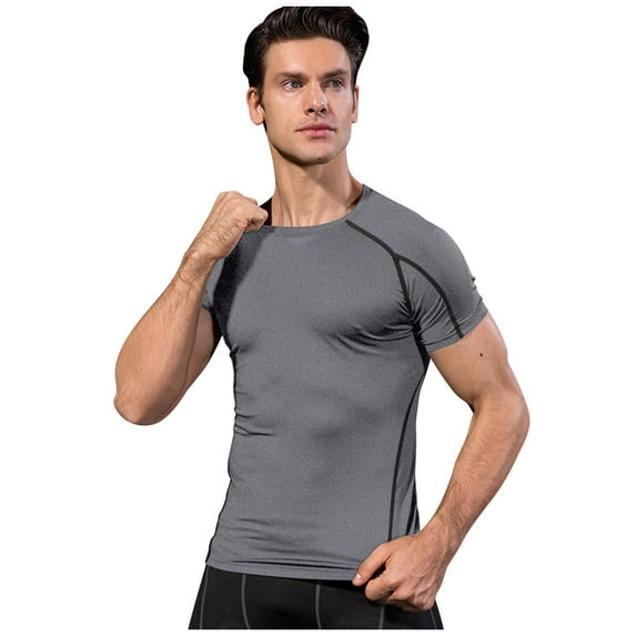 safuny Blouses Shirts for Men Round Neck Short Sleeve Solid Color Stretch Quick-drying Top Comfy Casual Dressy Pullover Blouse Plus Size T-Shirts for Boyfriend Husband Gray L
