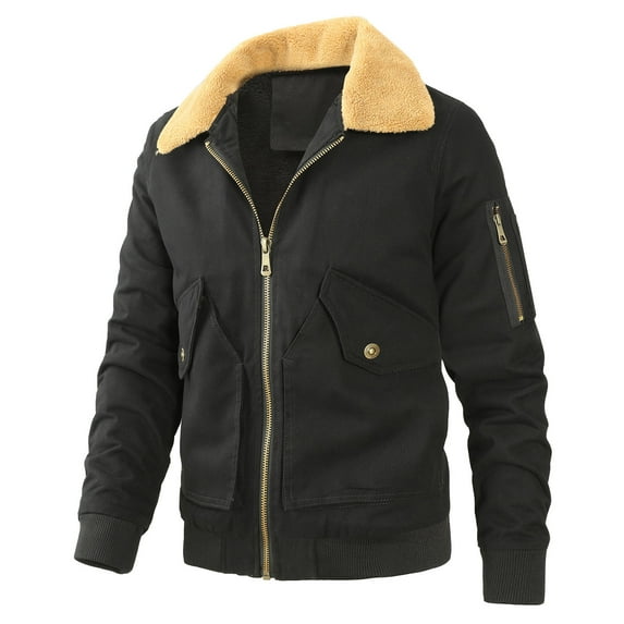 safuny Bomber Jacket for Men Solid Color Fashion Turn-down Collar Down Zipper Cardigan Warm Cotton Jacket Christmas Long Sleeve Casual Outwear Work Sports Black S