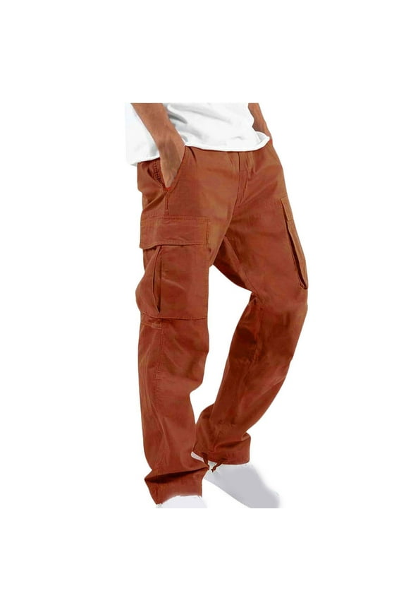 Cargo Pants for Men Elastic Waist Solid Color Comfy Lounge Casual Soft Multiple Pockets Outdoor Straight Type Fitness Fashion Fall Spring Trousers Full Length Pants Orange&XXXL