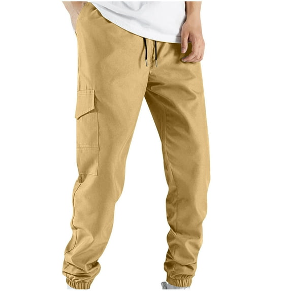 safuny Cargo Pants for Men Soft Safety Full Pants with Pocket Solid Color High Waist Comfy Lounge Casual Fashion Fall Winter Long Trousers Yellow XXXL