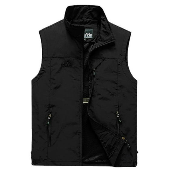 safuny Cargo Vest Tops for Mens Zipper Jacket Open Front Outwear Tanks with Pockets Solid Vintage Stand Collar Blouses Black XXXXL