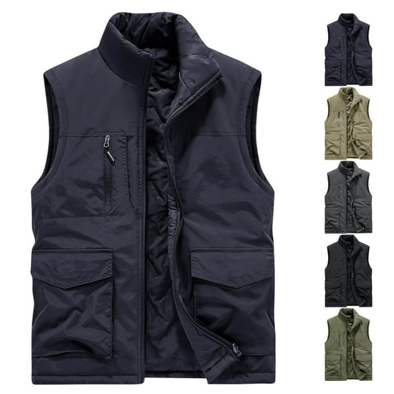 safuny Cargo Vest Tops for Mens Zipper Jacket Open Front Outwear Tanks with Pockets Solid Vintage Stand Collar Blouses Green L