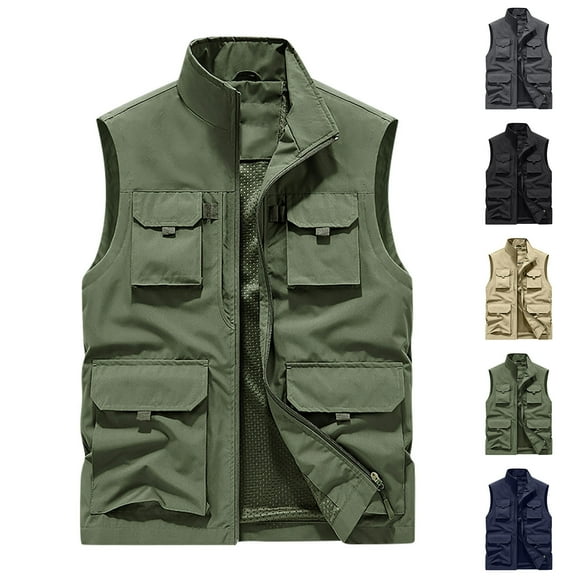 safuny Cargo Vest Tops for Mens Zipper Jacket Open Front Outwear Tanks with Pockets Solid Vintage Stand Collar Blouses Green L