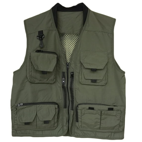 safuny Cargo Vest Tops for Mens Zipper Jacket Open Front Outwear Tanks with Pockets Solid Vintage Stand Collar Blouses Green XXL