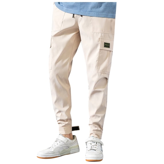 safuny Casual Pants for Men Solid Color Comfy Lounge Casual Fashion Fall Spring Trousers Soft Loose Daily Elastic Waist Full Length Pants with Pocket Khaki XL