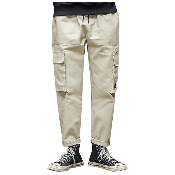 safuny Casual Pants for Men Solid Color Fashion Fall Spring Trousers Soft Loose Daily Comfy Lounge Casual Elastic Waist Full Length Pants with Pocket Khaki M
