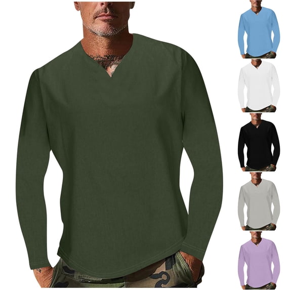 safuny Casual Shirts Running Slim Fit Basic Tops for Men Fall Long Sleeve Sports Solid Color Pullovers Fashion Workout V Neck Gym Tees Green L
