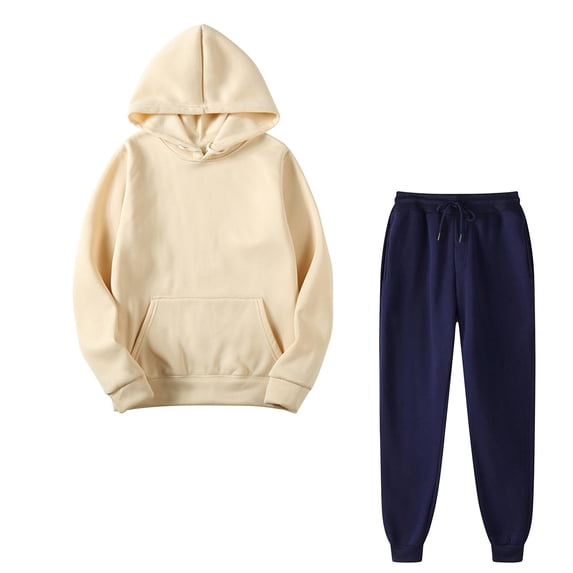 safuny Casual Suit for Women Pullover Hoodies Sweatshirt Sweat Fall Set Solid Color Comfy Lounge Casual Fashion Fall Winter Long Trousers Pocket Beige L