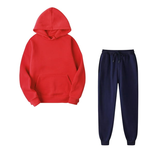 safuny Casual Suit for Women Pullover Hoodies Sweatshirt Sweat Fall Set Solid Color Comfy Lounge Casual Fashion Fall Winter Long Trousers Pocket Red XL