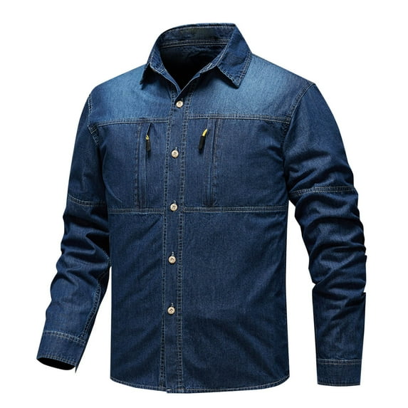 safuny Casual Sweatshirts with Pockets Slim Denim Tops for Men Solid Color Pullover Fashion Turn Down Collar Shirts Relaxed Outwear Long Sleeve Button Tees Fall Blue L