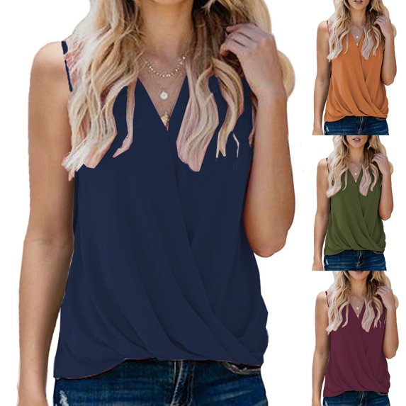 safuny Clearance Loose Tank Tops for Women Solid Color Retro Camisole Sleeveless V Neck Vest Elegant Casual Relaxed Beach Blouses Fashion Summer Army Green L