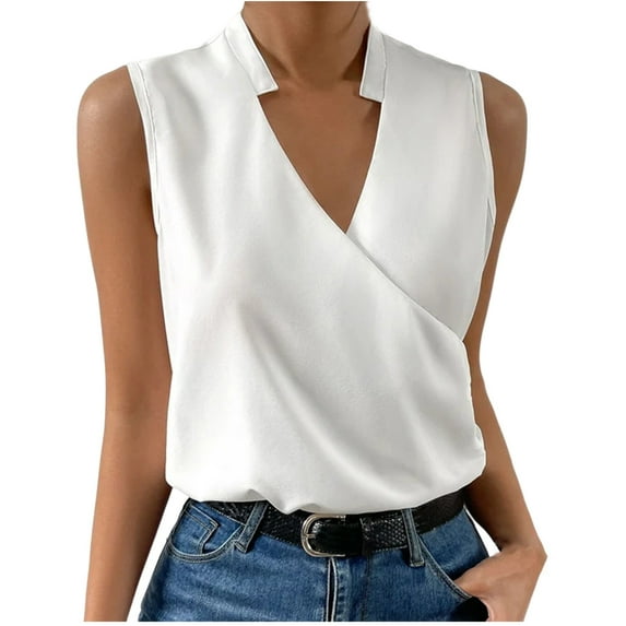 safuny Loose Tank Tops for Women Solid Color Retro Camisole Sleeveless V Neck Vest Elegant Casual Relaxed Beach Blouses Fashion Summer White M