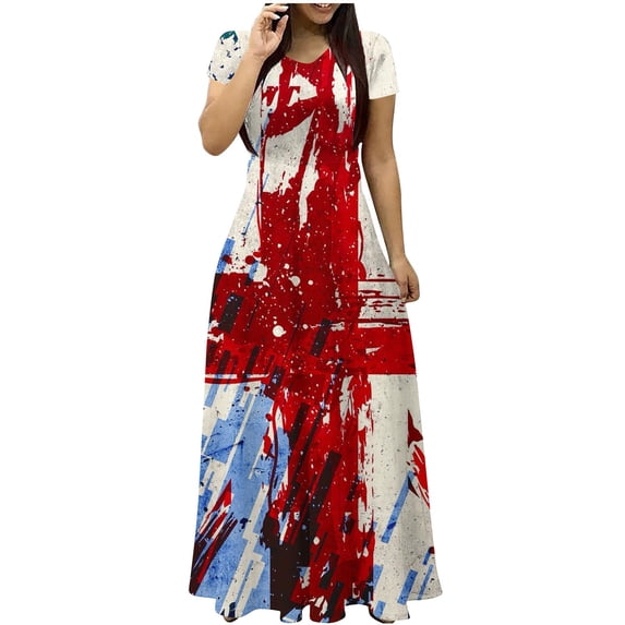 safuny Clearance Maxi A Line Dress for Women Solid Color Short Sleeve Round Neck Dress Empire Waist Flowy Hem Retro Holiday Beach Trendy Clothing Summer Red XL