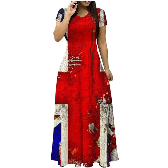 safuny Clearance Maxi A Line Dress for Women Solid Color Short Sleeve Round Neck Dress Empire Waist Flowy Hem Retro Holiday Beach Trendy Clothing Summer Red M