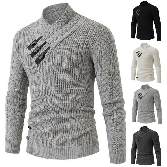 safuny Men's Knitted Turtleneck Sweater Long Sleeve Slim Fit Designer Shawl Collar Pullover Knitted Workout Cotton Clothing Black L