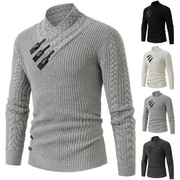 safuny Men's Knitted Turtleneck Sweater Long Sleeve Slim Fit Designer Shawl Collar Pullover Knitted Workout Cotton Clothing Black L