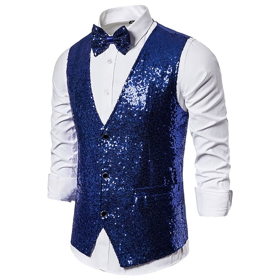safuny Men's Shiny Sequin Vest V-Neck Regular-Fit Party Suit Waistcoat Workout Clothing Blue XXL