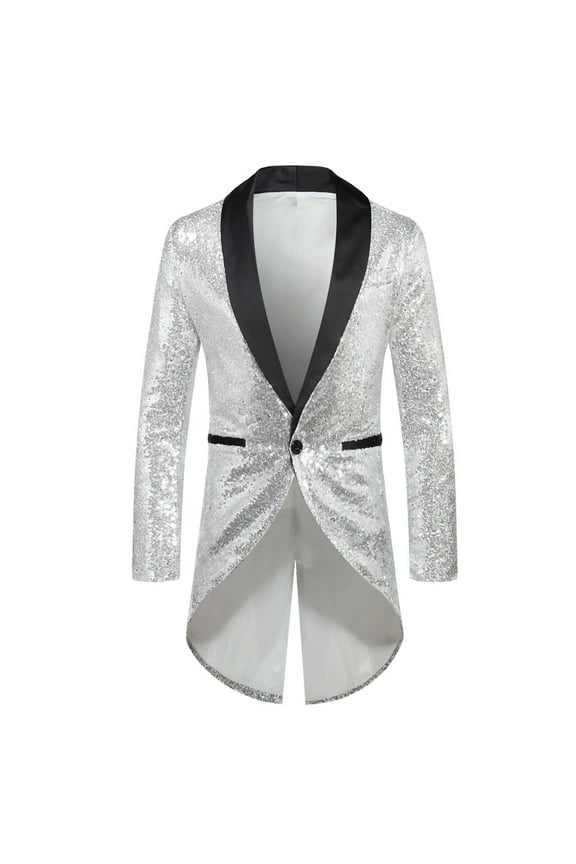 Mens Sequin Tailcoat Swallowtail Suit Jacket Party Show Tux Dress Coat Workout Clothing Silver XXL